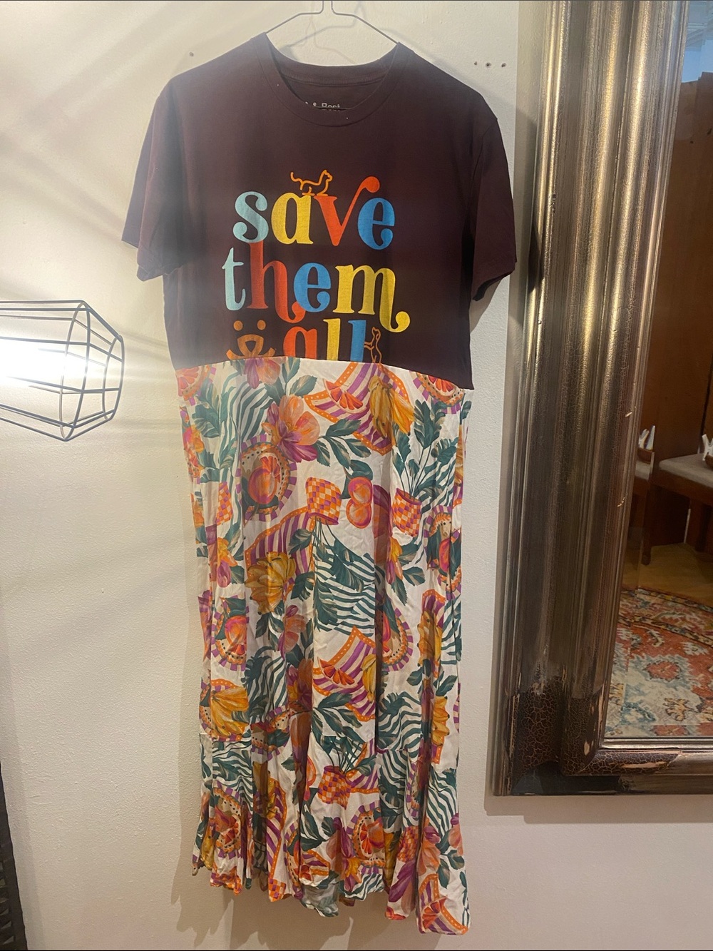OOAK Upcycled Colorful 'Save Them All' Graphic Mixed-Media Dress